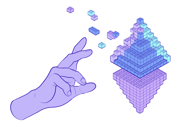An illustration of a hand creating an ETH logo made of lego bricks.